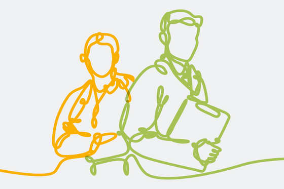 Grafische Darstellung von zwei Personen in Funktionskleidung mit Stethoskop und Arztmappe als orange-grüne Bändergrafik, Hilfe bei Rückenproblemen, Bandscheibenprobleme, Wirbelsäulenoperationen, Albertinen Wirbelsäulenzentrum, Hamburg Grafische Darstellung von zwei Personen in Funktionskleidung mit Stethoskop und Arztmappe als orange-grüne Bändergrafik